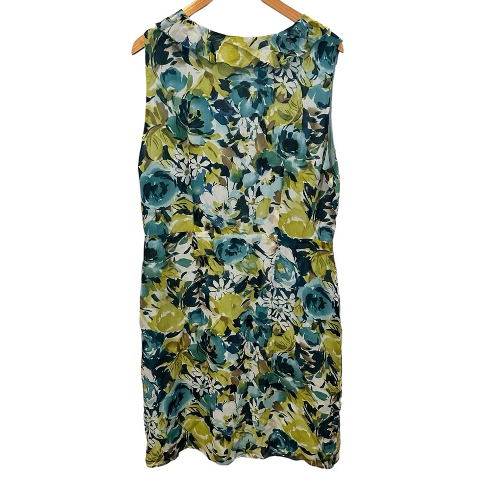 Pendleton Floral 100% Silk WOMENS PLUS Dress Size 16 BLUE GREEN RUFFLES v‎ neck - Picture 2 of 8